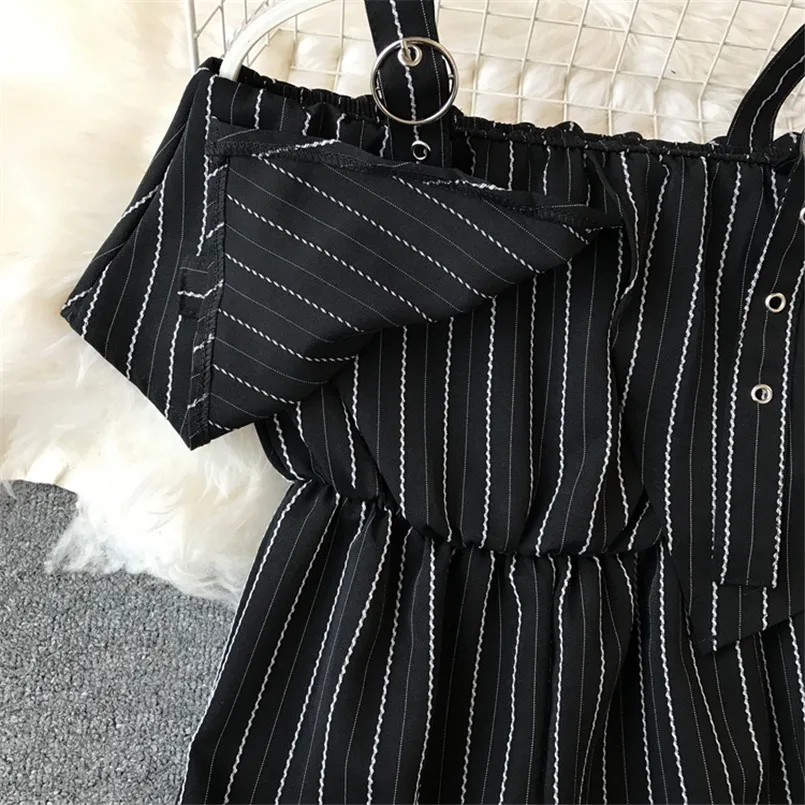 Boho Ruffles Off Shoulder Spaghetti Strap Striped Print Jumpsuit Casual Sexy Women Summer Full Length Overalls Long Beach Romper
