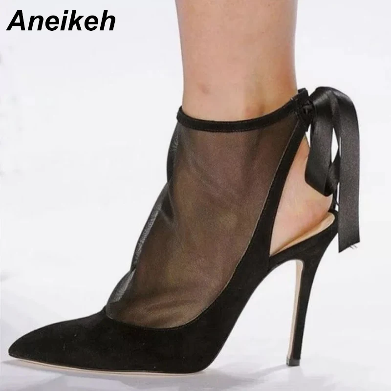 

Aneikeh 2019 Summer Sandals Ankle Boots Pointed Toe Hollow Out Mesh High Heels Stiletto Sexy Lace Up Ankle Strap Dress Pumps