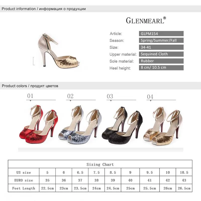 Women High Heels Shoes Brand Female Pumps Sequined Cloth Heels Peep Toe Party Shoes Buckle Strape Casual Shoe Plus Size DE