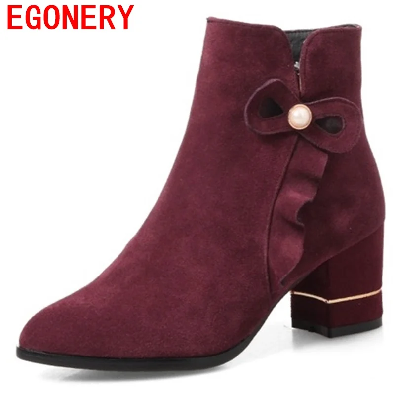 

egonery booties winter shoes woman heels rubber soles boots women pointed toe side zipper real leather cow suede ankle boots