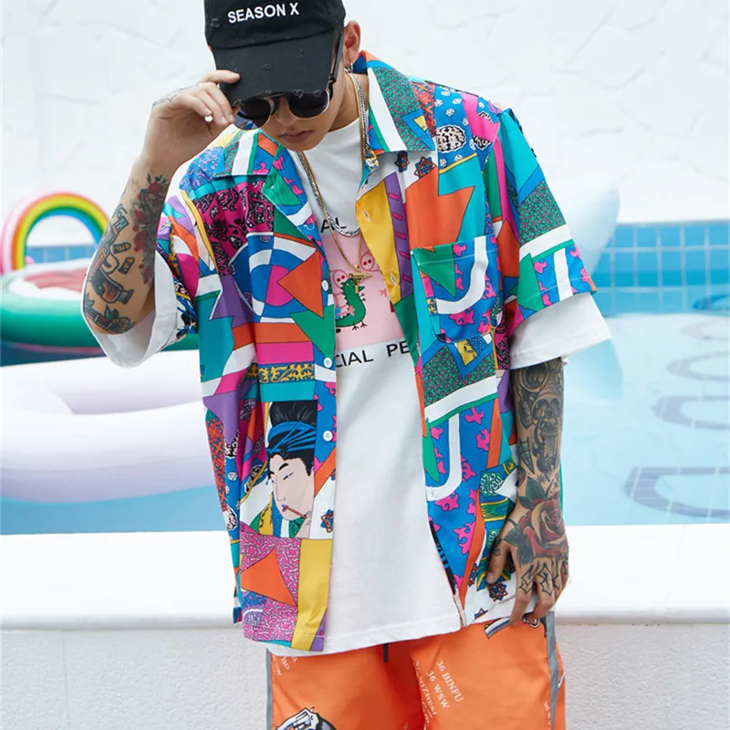 Short Sleeve Shirt Men Hip Hop Japanese Streetwear Ukiyoe Casual Shirt 2019 New Man Summer Fashion Soft Hawaiian Shirts