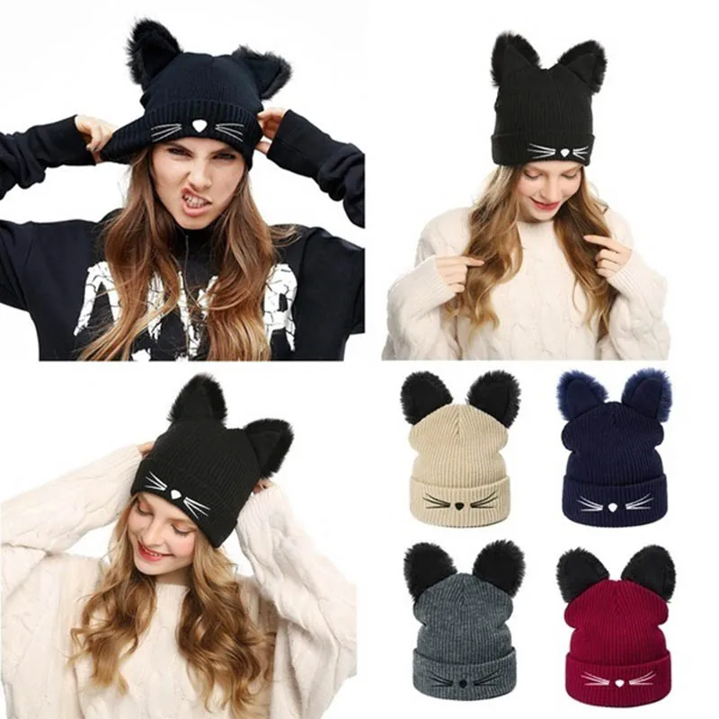 IWINTER, новинка, хлопковые зимние головные уборы для женщин, Skullies Beanies, милая вязаная шапка с кошечкой для женщин и девушек, шапочки для волос