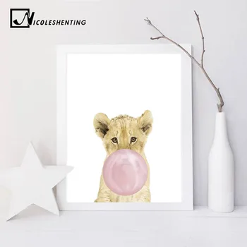 

Pink Bubble Lion Woodland Animal Wall Art Canvas Print Nursery Poster Painting Decorative Picture Nordic Kids Bedroom Decoration