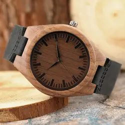 Простой ретро деревянные часы черный Пояса из натуральной кожи ремешок кварцевые часы натурального бамбука часы ручной работы