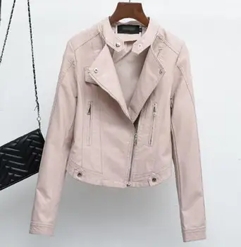 

New Autumn Women's PU Leather Short Jacket Ladies Basic Pink Motorcycle Jackets Motorcycle Biker Slim Leather Women's