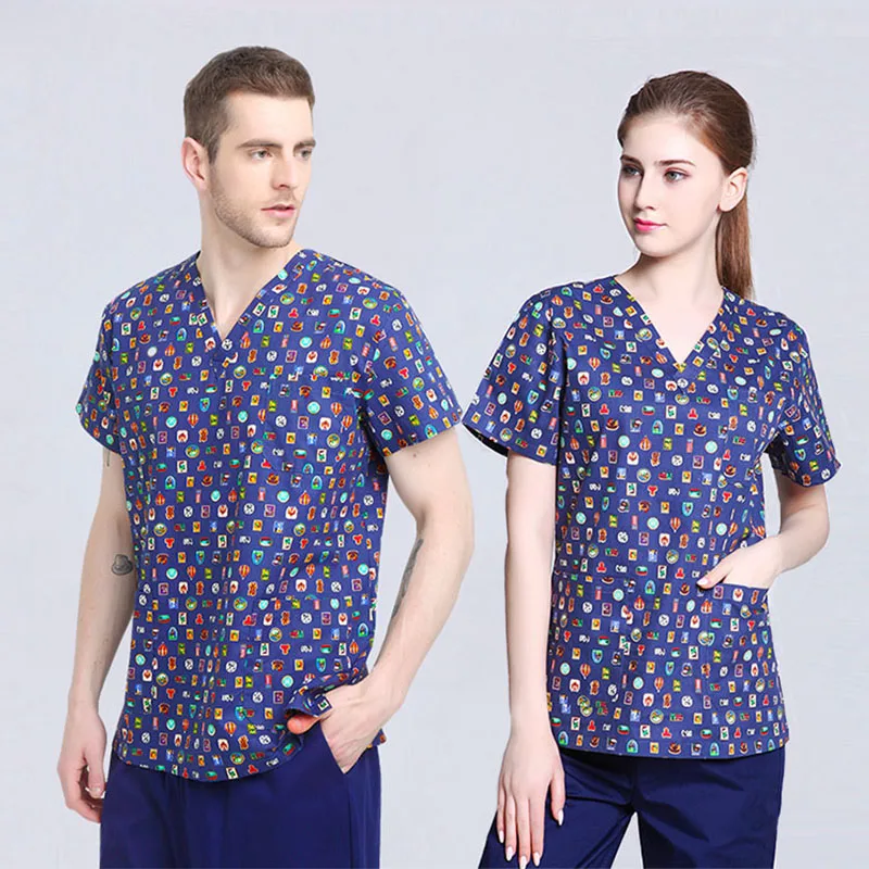 Women and Men Print Nursing Uniform Medical Outfit Scrub Set Pathology