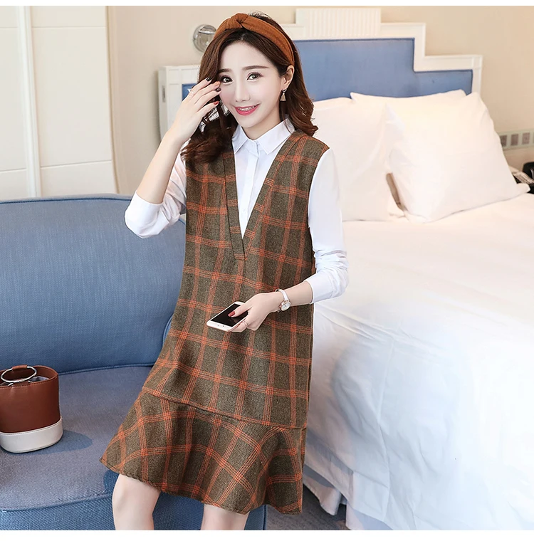 Maternity wear spring plaid stitching shirt collar loose fashion maternity dress women dress Long sleeve Cotton Pregnant Dress