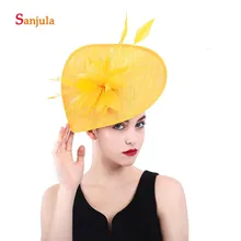 Милая острая шляпки для невесты с перьями желтая льняная Свадебная женская шляпа украшение для волос аксессуары boda H76