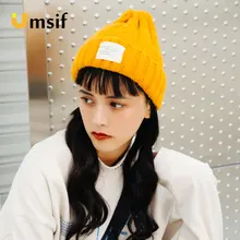 Зимние однотонные шерстяные трикотажные шапки без полей шапки для женщин новые женские Красочные шапки женские толстые теплые шапочки и шапочки шапка