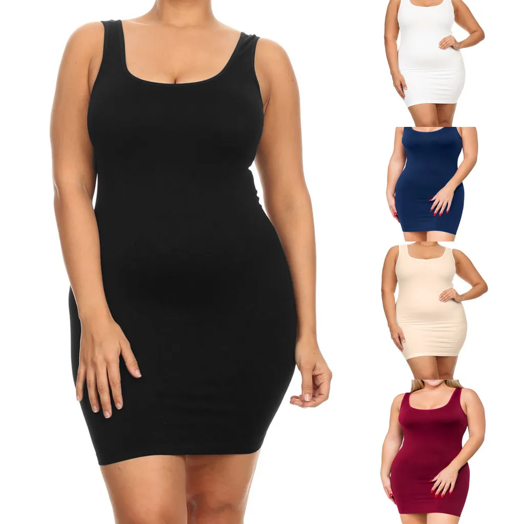 

Dress 2019Top Women's Plus Size O-neck Solid Color Sleeveless Vest Slim Mini Dress