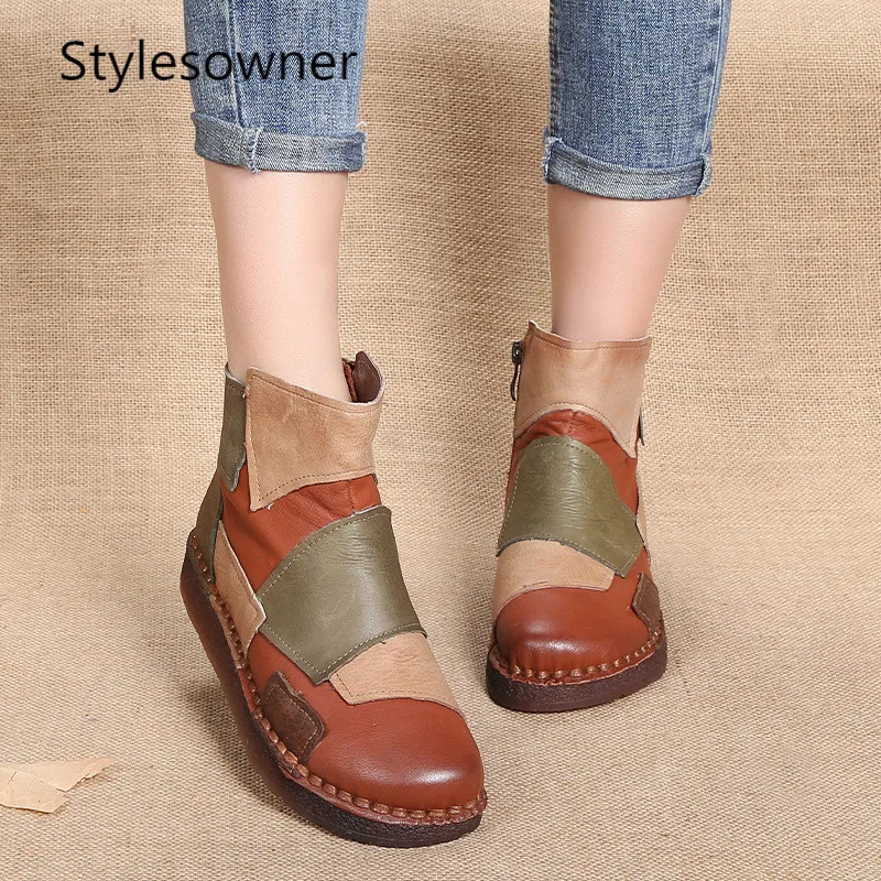 Mujer Mujeres Hecho A Las Primavera 2019 Tobillo Pisos Moda purple Botas Vintage Estilo De Stylesowner Mano Brown Cuero Zapatos Literario Genuino fT1wq858