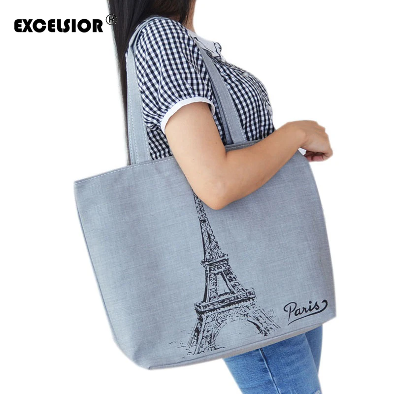 

Fashion Woman Shopping Bag Female Big Capacity Handbag Canvas One Shoulder Crossbody Tote Paris Eiffel Tower Printed Casual Bag