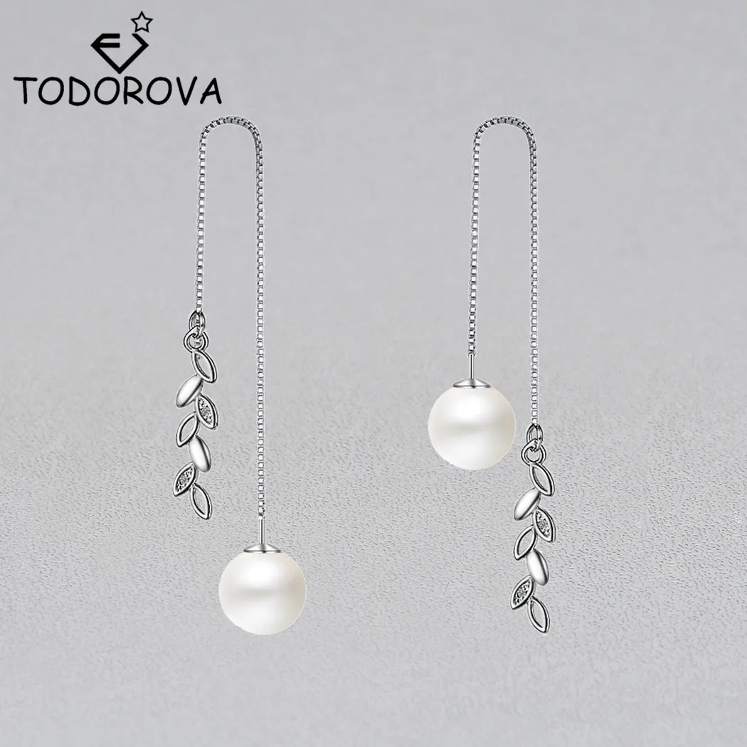 

Todorova Long Tassel Leaf Earrings for Women Cubic Zircon Simulated Pearl Ear Line Chain Korean Jewelry