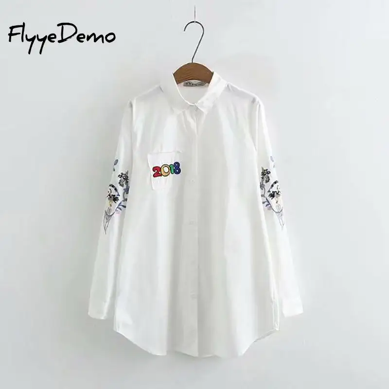 4XL Plus Size Women Cotton Blouses 2019 Summer Autumn Embroidery Casual Shirts Long Sleeve Turn Down Collar Ladies Brand Tops |