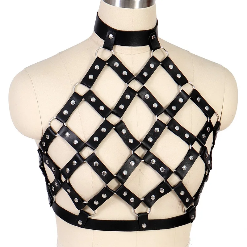 Fashion Leather Harness Black Strap Crop Top Sexy Women Hollow Out Chest Belt Body cage Lingerie Punk Goth Adjustable Dance Wear