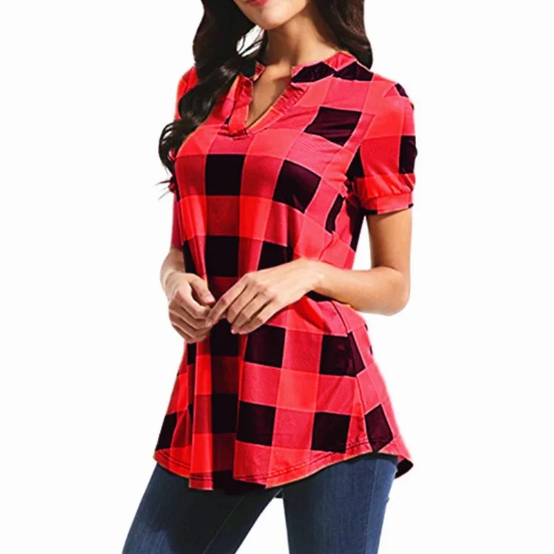 Plus Size 5XL Women Blouses and Tops New Summer Short Sleeve Vintage Plaid Blouse Ladies Shirt Casual Loose Blusa Mujer |