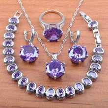 Дубай ювелирные изделия Природный пурпурный кристалл 925 серебряные ювелирные наборы для женщин Свадебные CZ серьги/ожерелье/браслет/кольцо наборы JS0108