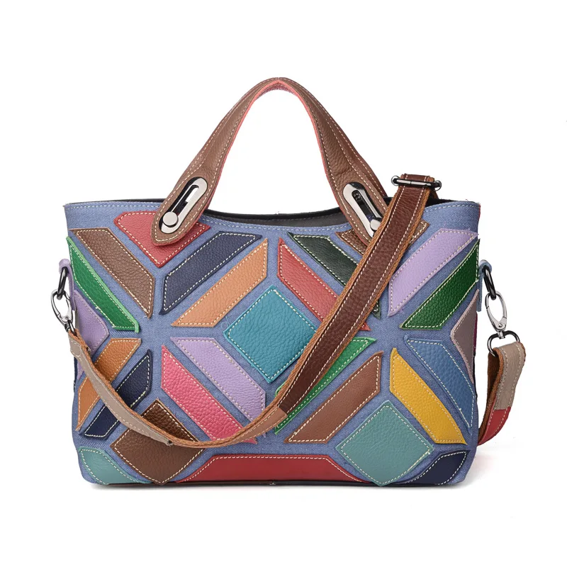 

New European and American genuine leather lady's bag color cowhide stitching single shoulder diagonal bag denim collision bag