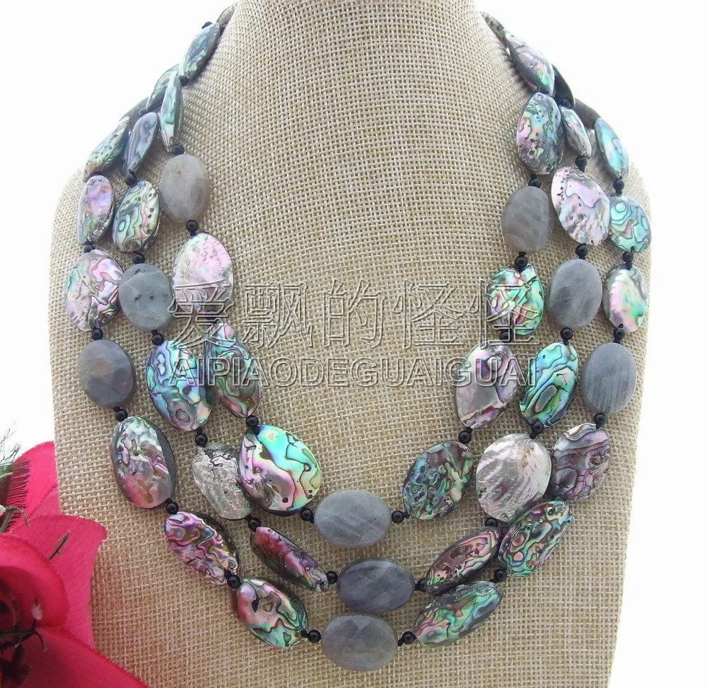

Women's 19" 3Strands Natural Paua Abalone Shell Labradorite Onyx Necklace