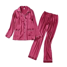 Для женщин Роскошные пижамные комплекты Мода г. 2 предмета длинные брюки пижамы комплект женский Шелковый атласная пижама элегантный домашняя пижама