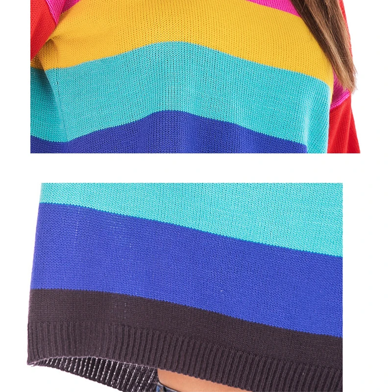 Rainbow Stripes Pullovers Women Sweater Jumper Knitwear 2019 Fashion Loose Sexy O Neck Female Sweaters Colorful Pull Clothing