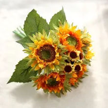 Buquê de flores artificiais para decoração, flores artificiais amarelas de girassol para outono, 5 cabeças, decoração de casa, festa e escritório