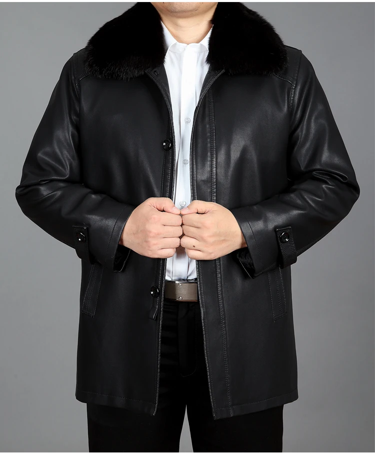 New Hot Casual Long Men Leather Jacket Thick Warm Winter