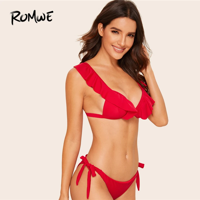 Romwe para deporte rojo sólido de triángulo escotado Top con cuello empate lado Bikini conjunto, Fondo de mujeres Sexy vacaciones en la playa traje de baño