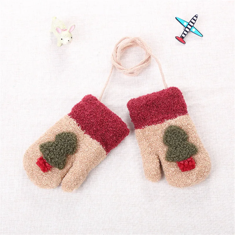 1-3Yea Winter Baby Boy Girl Gloves Thicken Warm Cotton  Full Finger Cute Cartoon Knitting Gloves Infant kids With Sling (6)