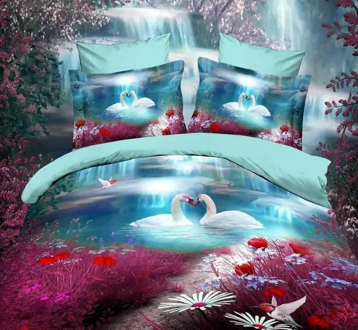 3D Swan Lake Bedding set Red Blue Queen size quilt duvet cover bed in a