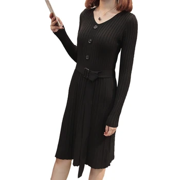 

2018 New Autumn Winter Long Belt Wool Knitting Dress V-Neck Knitwear Sweater Button Vestido Dresses Women Knit Clothes Outfit