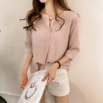

Summer Striped Shirts O Neck Short Sleeve Button Blouses Women Tops and Blouses Clothing
