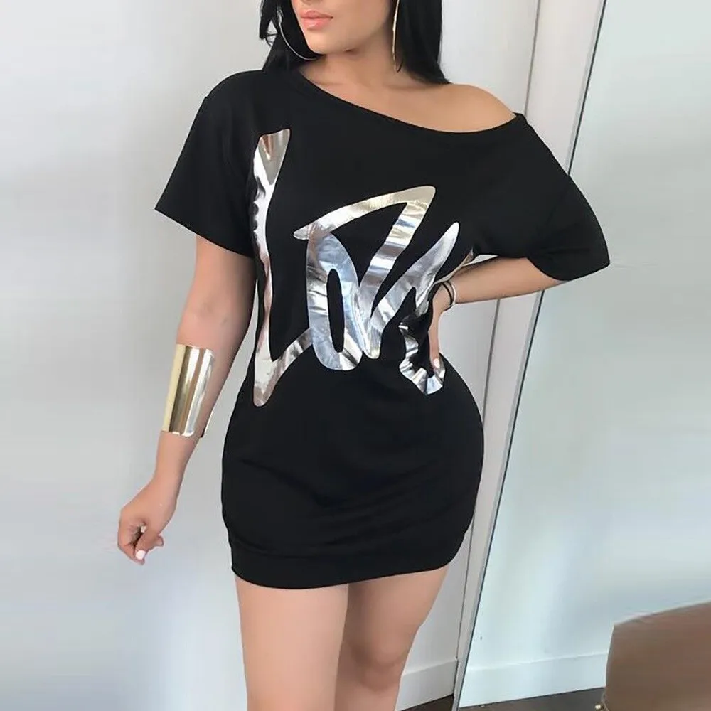 

JAYCOSIN 2019 Summer Dress Sexy Fashion Womens O-Neck Love Letter Print Casual Short Sleeve Mini Dress Fashion Casual Sundress