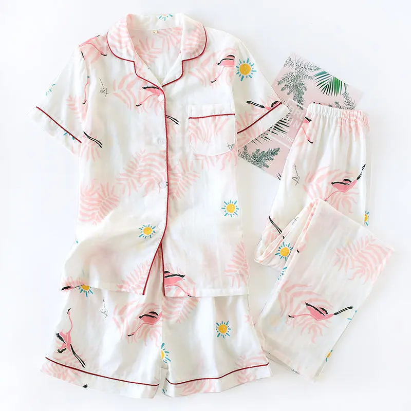 Комплект из 3 предметов, свежая женская летняя Пижама с коротким рукавом, Марлевое хлопковое ночное белье, женские корейские пижамы, шорты, домашние штаны, новинка, распродажа