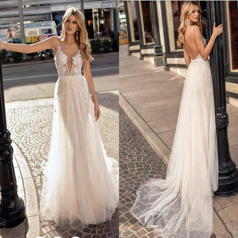 

Spaghetti Strap Backless Deep V Neck Lace Dress Sexy Wedding Women Sleeveless Dress Party Fashion Beach Style Dresses Wholesale