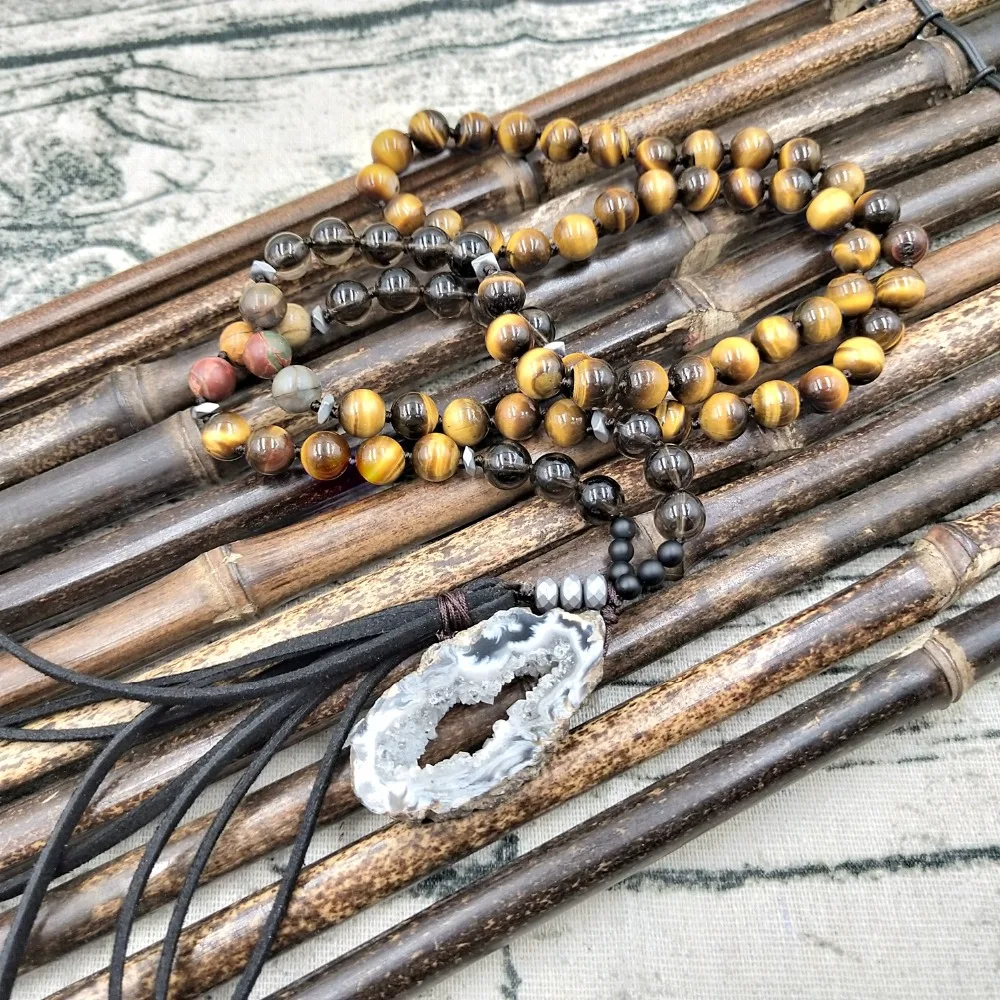 Lii Ji Natural Tiger's Eye Smoky Quartz Picasso Jasper Druzy Pendant Leather Bohemia Long Necklace Drop Shipping Lii Ji Natural Tiger's Eye Smoky Quartz Picasso Jasper Druzy Pendant Leather Bohemia Long Necklace Drop Shipping