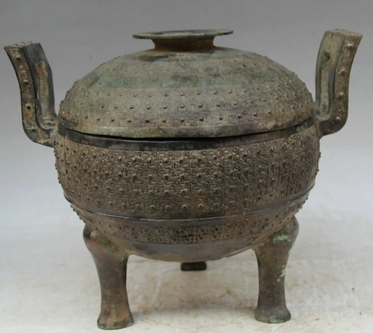 

Elegant old S2058 Chinese dynasty Bronze 3 Foot handle food water vessel Pot Jar Crock statue