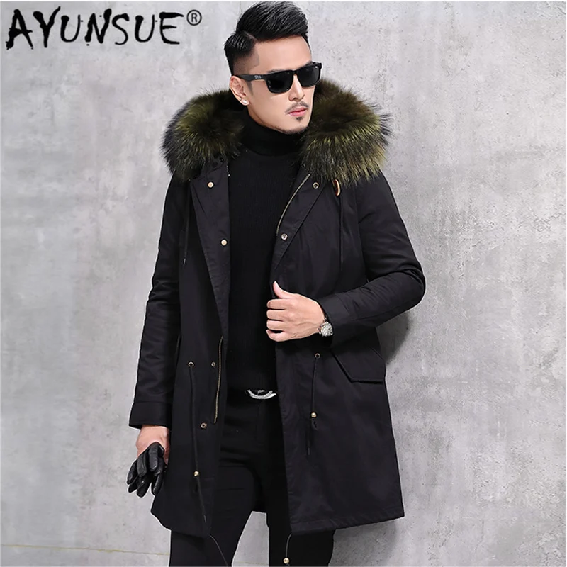 

AYUNSUE Winter Jacket Men Real Pure Fur Jackets Men Natural Raccoon Fur Coat Parka Male Long Overcoat Windbreaker MG-026 LX2365