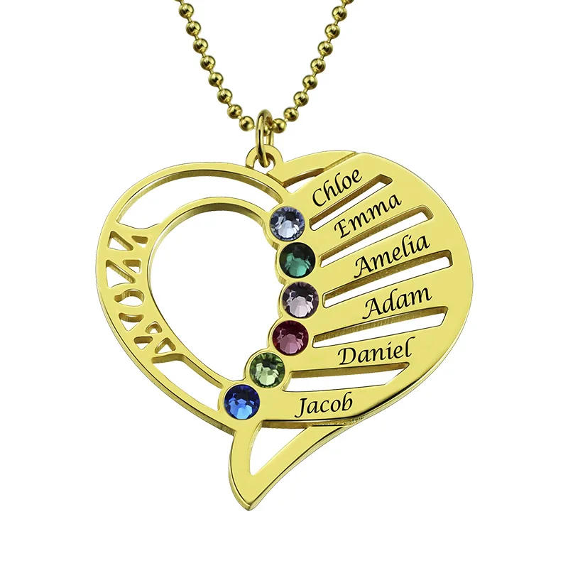 

Mom Birthstone Necklace 18K Gold Plated Silver Heart Name Necklace Hand Stamped Mom Necklace Love Heart Pendant Famly Jewelry