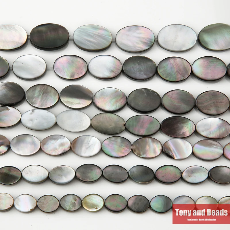 

(one 15" Strand =1Lot ! ) Free Shipping Black Lip Shell Flat Oval Loose Beads 8x12 10x14 13x18MM Pick Size For Jewelry Making