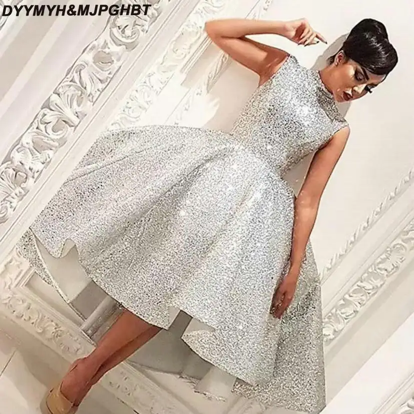 

Sexy Bling Bling Short Front Long Back Evening Dresses High Collar Ball Gowns Arabic Evening Gowns Tea Length
