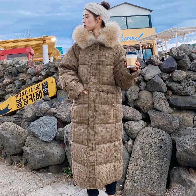 Корейский стиль зимняя женская куртка с капюшоном с мехом X-long пуховик утепленная стеганая парка высокого качества - Цвет: Khaki