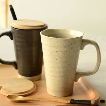 

Lovers Cups Creative Mugs Coarse Pottery Simple Large Capacity Cups Ceramic Cups with Covers and Spoons of Literature and Art.