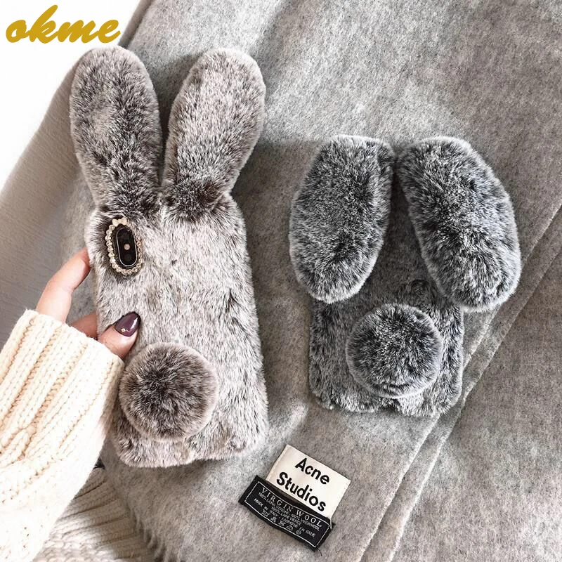 Fluffy Peluche Cappello Caldo Delle Cellule Casse Del Telefono Per Il Iphone 6 6S 7 8 Più Casi Di Tpu Fundas Della Pelliccia Del Coniglio Di Diamante 