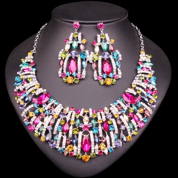 

5 colors Gorgeous Crystal Bridal Jewelry Sets Wedding Party Costume Jewellery set Indian Necklace Earrings sets for brides Women