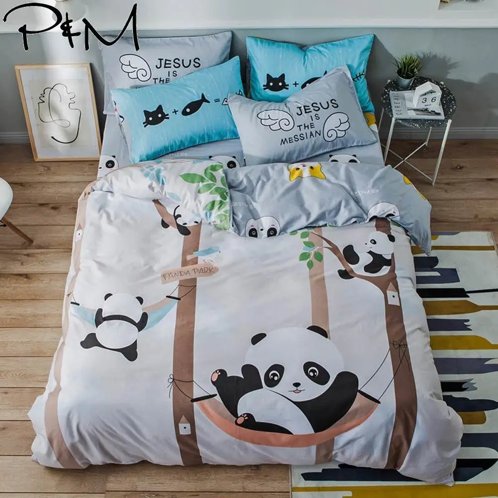 

2019 Panda Grey Trees Cartoon Bedlinens Twin Full Queen Size Flat Sheet Fitted Sheet Duvet Cover Set Cotton Bedding Set