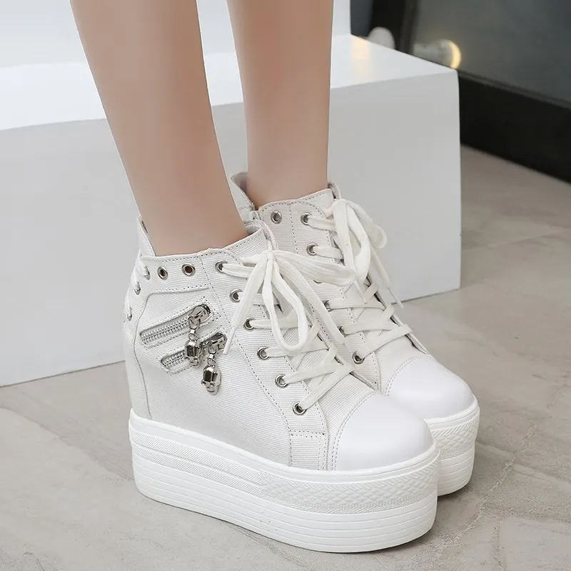 Fashion Autumn High Heel Casual Shoes Canvas Women Shoes Lace-Up Breathable Women Sneakers Zipper Platform Ladies Shoes Women