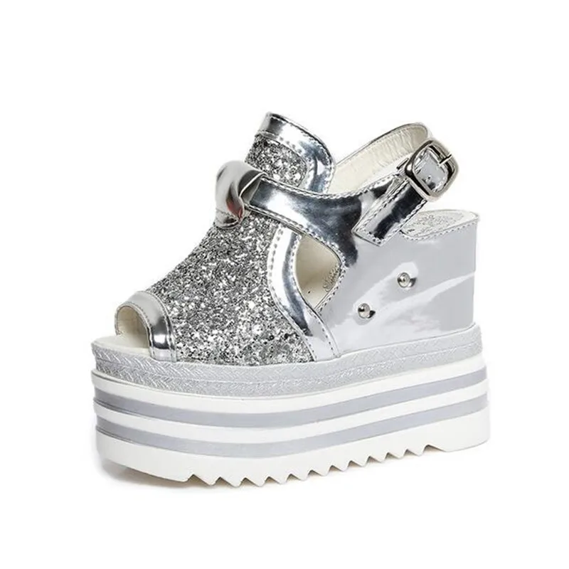 

Summer new platform wedge sandals Waterproof Taiwan ultra-high increased with inside sponge sequins buckles hollow out female