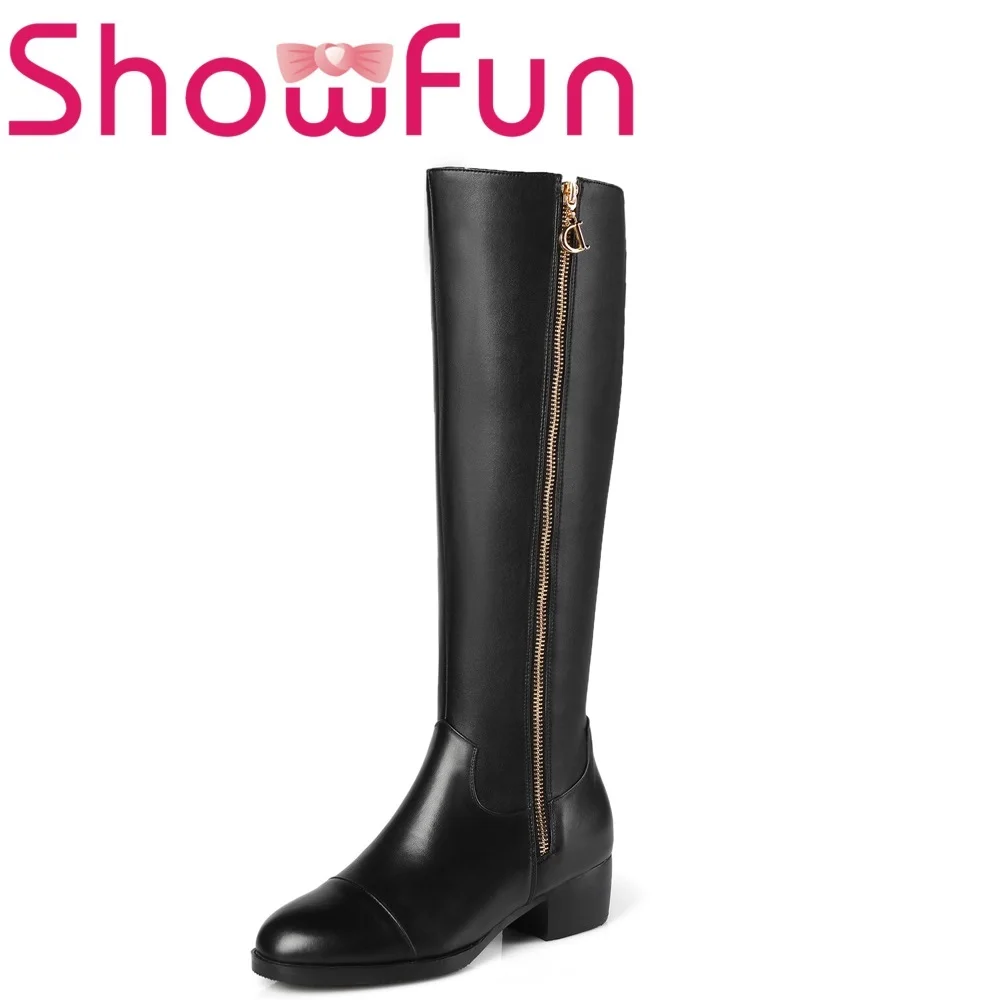 

Showfun genuine leather shoes woman winter solid knee-high pointed toe zipper short plush square heel boots