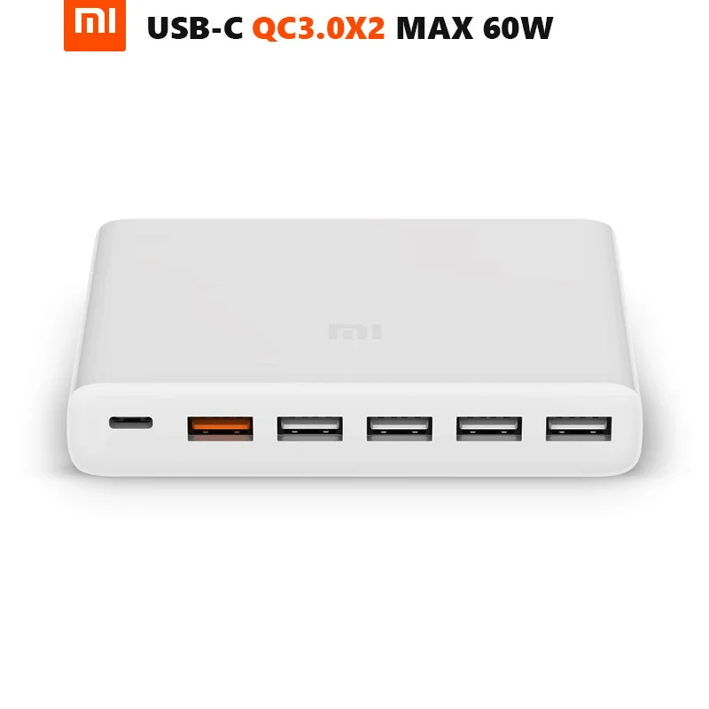 

Original Xiaomi Mi USB-C 60W(Total) Charger Smart Output 1 Type-C 5 USB-A Dual QC 3.0 Quick Charge 18W x2 + 24W(5V=2.4A MAX)